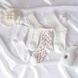 伦洛弗棉黑白女士中筒袜松口日系ins潮袜袜子4双 白色碎花系 均码