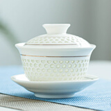 瓷牌茗茶具 盖碗大号陶瓷功夫茶具三才茶杯青花敬茶碗白瓷手抓泡茶杯 【金玉满堂】蜂窝盖碗