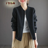 子牧棉麻秋装 女韩版百搭短外套宽松显瘦拉链开衫卫衣休闲棒球服3723 黑色  L(建议105-115斤)