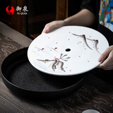 御泉 手绘陶瓷茶盘家用 圆形茶海干泡台储水茶托盘功夫茶具小茶台30cm 蓦然禅风茶盘