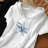 玖卡依纯棉连帽短袖t恤女2025夏季新款宽松韩版体恤衫休闲短袖上衣女装 白色-海洋星 XL 建议110-125斤