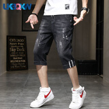 XQB 夏季薄款牛仔短裤男7分宽松潮牌休闲男士弹力夏天七分裤子男 704灰黑色【弹力单件装】 XL 【127-140斤】