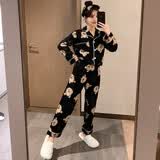 裴珂黛克（pinkdackeb）睡衣女春秋冬季棉质长袖卡通开衫网红ins家居服套装 黑色 M(90-120斤穿)