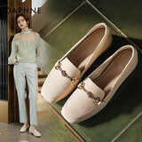 达芙妮 女鞋小皮鞋春秋款一脚蹬懒人鞋平底英伦风乐福鞋单鞋女 米白色 36