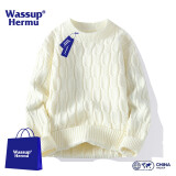 WASSUP HERMU潮牌联名纯色毛衣男女春秋季圆领打底针织衫保暖宽松情侣大码上衣 米白色 M（推荐90-110斤）