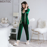 MOXTOC睡衣女冬金丝绒女士加厚三件套家居服吊带长袖长裤套装 绿色 L （105-120斤）