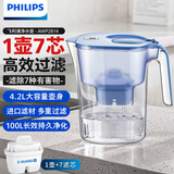 飞利浦全新升级4.2L大容量带计时器净水壶家用滤水壶厨房自来水过滤净水器 AWP2814 蓝色1壶7芯【含自带】