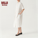 无印良品（MUJI）女式 棉桑蚕丝 短袖连衣裙 裙子 衬衫裙 polo连衣裙 BC05CC3S 白色格纹 S-M（160/84A）