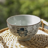 和风四季日式釉下彩餐具陶瓷饭碗家用米饭碗手绘陶瓷碗汤碗米饭碗复古 4.5英寸蓝富贵螺纹饭碗碗(250ml)