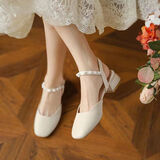 品牌断码真软皮包头凉鞋女2026夏季新款百搭粗跟中跟玛丽珍单鞋女 米白色 36