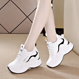 莱然内增高女鞋子坡跟休闲厚底老爹鞋2025新款运动小白鞋秋冬高跟单鞋 白黑加绒 37
