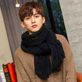 目丸新款日系围巾男冬季学生毛线百搭围脖女加厚纯色针织生日礼物ins 长须黑色