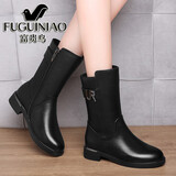 富贵鸟中筒靴女粗跟妈妈二棉鞋秋冬季软底加厚牛皮马丁靴中年牛皮女靴子 黑色加绒FN21040031 37