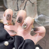 美甲贴片穿戴甲指甲贴中长款新娘显白可拆卸学生短款重复使用成品 暗黑晕染水钻 24片 【短款】