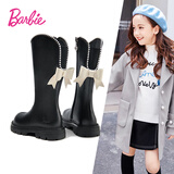 芭比童鞋女童高筒时装皮靴女孩蝴蝶结加绒长筒靴子DA6156黑色31码