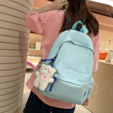 艾欣儿 学生书包女生初中生高中大学生双肩包女大容量ins韩版学院风简约纯色高颜值背包潮款 绿色带【大腮红熊挂件】