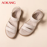 奥康（Aokang）女鞋2025新款夏季真皮凉鞋女软底防滑中老年平底不累脚妈妈凉鞋 米色1236821006N 39