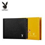 花花公子男女款真皮钱包情侣一对2025新款短款牛皮钱夹卡包票夹情人节礼物 黑色+黄色（横款）