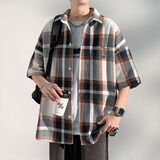 Foss Phil短袖衬衫男士夏季宽松格子衬衣休闲外套男装CY53米杏2XL