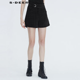 sdeer圣迪奥冬季休闲百搭女装通勤直筒裤自然腰复古时尚撞色格纹插袋短裤子S20460901 黑色/91 S/160