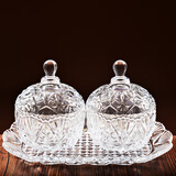 花语四季果盘糖果罐欧式水晶玻璃带盖现代家用创意收纳罐糖果盅套装 透明三件套（2罐+1托盘）