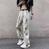卡图弛破洞牛仔裤男秋季薄款潮流美式高街修身显瘦韩版ins直筒休闲裤子 浅蓝色 XL 【建议125-140斤】
