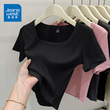 真维斯（JEANSWEST）简约风t恤女夏季韩版紧身显瘦方领短款短袖女装休闲百搭半袖小衫 黑色 纯色 L