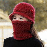 承莉中老年秋冬帽子女兔毛针织盆帽冬季老人妈妈帽老太太帽子围脖套装WJF (帽子+围脖)酒红