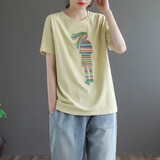玖卡依短袖t恤女2025夏季新款女装纯棉刺绣圆领体恤宽松文艺半袖上衣女 黄色绣花女孩 XL 建议115-130斤