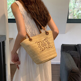 赫珮编织草编女包夏季海边沙滩女生包包2025七夕藤编度假法式单肩草包 草编水桶包【米白】