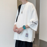 雪莱琼斯 t恤男夏季港风刺绣七分袖薄款潮牌学生潮流宽松冰丝衣服体恤男装 T02白色 L