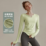 麓格立 瑜伽服女上衣运动服跑步长袖T恤V领健身服褶皱收腰速干衣 清新绿 XL 【建议115-140斤】