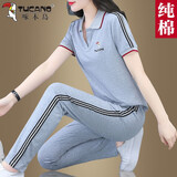 啄木鸟时尚女装休闲运动套装女夏季短袖T恤女套装妈妈装减龄纯棉两件套 灰色(套装) L(建议100-115斤)