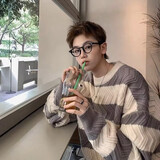 潮陣 ins毛衣男条纹港风圆领套头打底衫秋冬新款韩版潮流宽松时尚针织衫情侣帅气毛衫 灰色 M