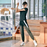 瑜味 瑜伽服女夏季网红韩版显瘦速干衣透气训练跑步健身房运动套装女 黑色短袖+长裤 M（建议95-105斤）