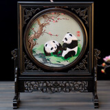 蜀中瑰宝蜀绣双面刺绣摆件高端大气中国特色礼物送老外出国礼物成都纪念品 迎春梅熊猫-檀木五福临门