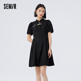 森马（Semir）【风格裙装合辑】连衣裙女夏季方领修身收腰裙子碎花短裙新中式 A款气质国风-黑色90001 160/84A/M