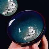 陶福气镶银窑变天目釉茶杯 兔毫盏主人杯单杯十二生肖茶盏银杯品茗茶杯 镶银建盏拉丝斗笠杯-祥龙