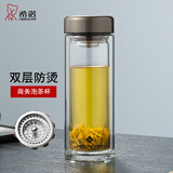 希诺（heenoor）玻璃杯双层男士办公泡茶杯带茶隔高档水杯家用隔热大容量便携杯子 闪银灰-410ml【高硼硅玻璃杯体】 礼盒装+带茶隔+带杯套