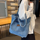 布燃牛仔布单肩包女休闲简约外出大容量手提袋购物袋大学生通勤包 浅蓝色