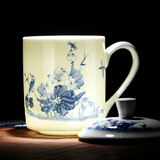 潇毅艾 景德镇陶瓷茶杯带盖家用杯喝茶杯青花瓷器办公杯子 荷塘情趣