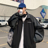 良茨胖子大码拼色夹克外套男士春秋季大码学生宽松冲锋休闲夹克潮牌 黑色 L 110-125斤