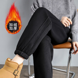 米子旗加绒运动卫裤女春秋冬装新款宽松束脚长加厚棉裤女休闲裤 加绒加厚 黑色 2XL 135-150斤