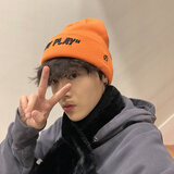 慕瑾繁饰帽子男冬天保暖帅气时尚白色针织帽潮日系秋冬黑色大帽围毛线帽女 just  橘色(黑字) 均码有弹性