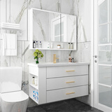 帝都(didu) 实木浴室柜浴室柜组合套装洗手盆陶瓷一体卫生间洗脸盆柜侧柜吊柜洗漱台洗手台 100cm月光白普通镜柜