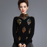 素丝五祁半高领羊绒衫宽松秋冬毛线衣镶钻印花纯山羊绒针织衫女 SY1396 黑色 XL