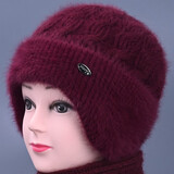 冬天中老年人帽子女妈妈兔毛线帽加绒加厚奶奶老太太针织保暖棉帽 酒红 均码有弹力