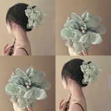 伊莉洛森系氛围感雪纺花朵抓夹大号少女超仙盘发发夹高级感鲨鱼碎发夹子 雪纺花朵抓夹【绿色】