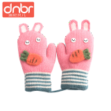 迪尼贝儿（DNBR）1-3岁儿童手套冬季加厚保暖婴儿针织加绒男女童宝宝毛线挂脖手套 粉兔