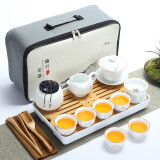 林盛 陶瓷旅行茶具简约家用功夫泡茶壶茶杯便携式旅游包车载竹茶盘 15件套吉祥如意三才碗套装 白瓷